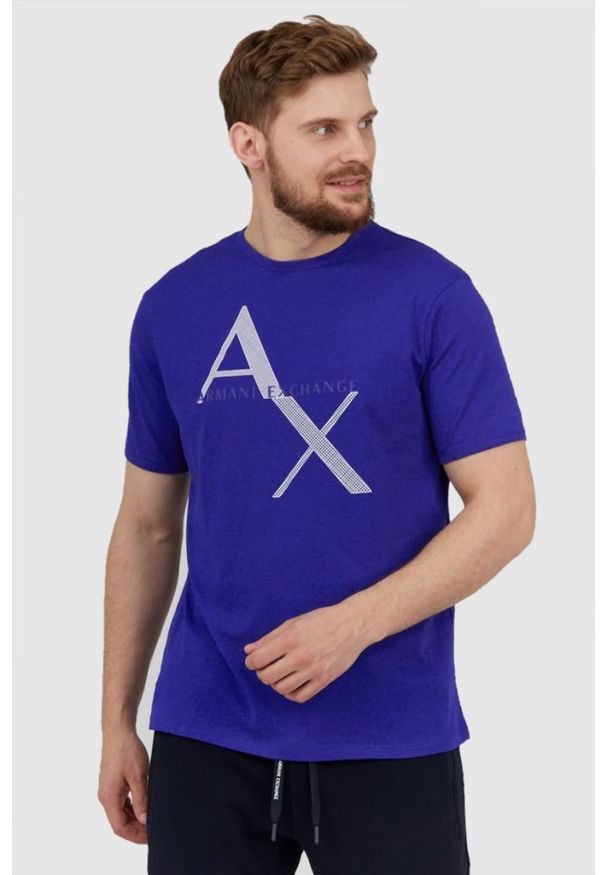Armani Exchange - ARMANI EXCHANGE Niebieski t-shirt męski z logo. Kolor: niebieski. Materiał: prążkowany