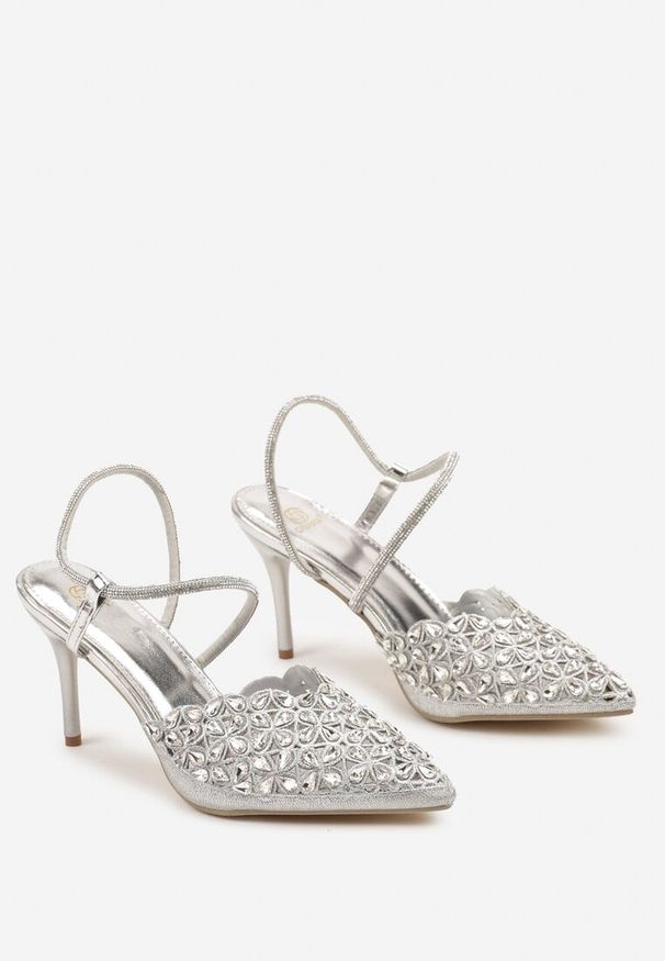 Renee - Srebrne Sandały na Szpilce Slingback z Cyrkoniami Dimte. Okazja: na co dzień. Kolor: srebrny. Wzór: aplikacja. Obcas: na szpilce. Styl: wizytowy, casual, elegancki. Wysokość obcasa: wysoki
