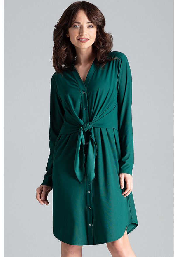 Lenitif - Sukienka koszulowa szmizjerka z wiązaniem w pasie butelkowa zieleń. Okazja: do pracy. Typ sukienki: szmizjerki, koszulowe