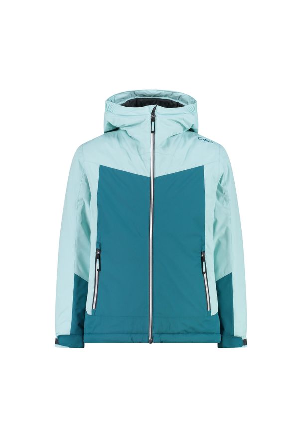 Kurtka z kapturem dla dziewczynki CMP. Typ kołnierza: kaptur. Kolor: wielokolorowy, niebieski, zielony. Materiał: puch. Sport: turystyka piesza, narciarstwo