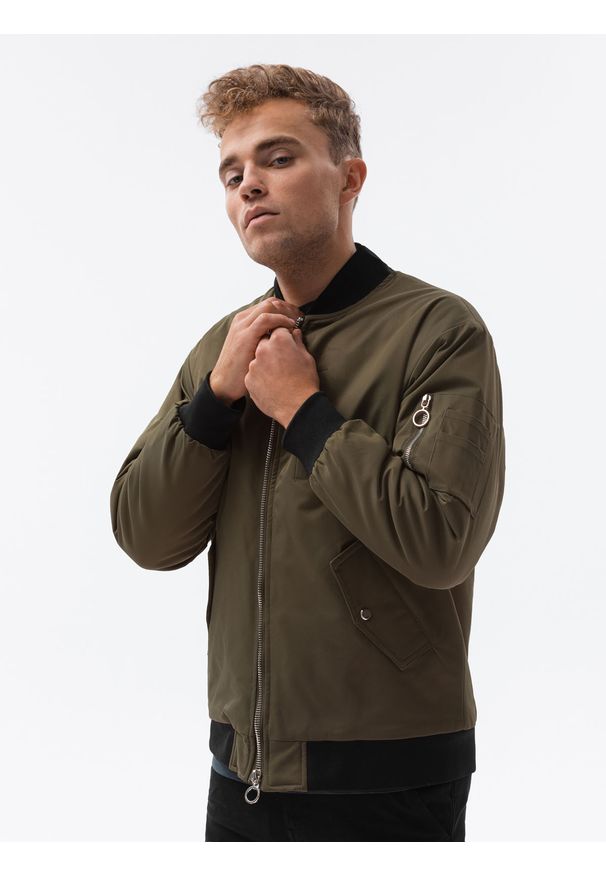 Ombre Clothing - Kurtka męska ocieplana bomberka - oliwkowa V7 - Rozmiar: S. Kolor: oliwkowy. Materiał: poliester
