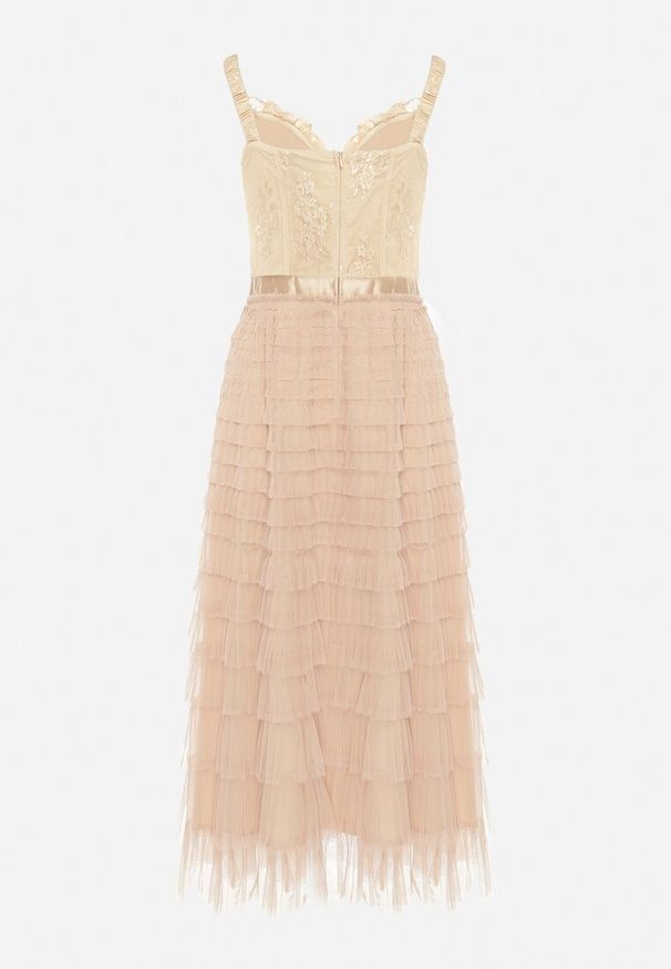 Born2be - Beżowa Sukienka Maxi na Ramiączkach z Gorsetową Górą i Tiulowymi Falbanami Encartia. Typ kołnierza: dekolt gorset. Kolor: beżowy. Materiał: tiul. Długość rękawa: na ramiączkach. Typ sukienki: gorsetowe. Długość: maxi