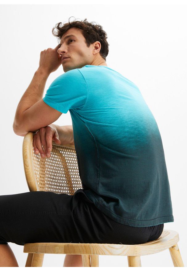 bonprix - T-shirt z czystej bawełny, Slim Fit. Kolor: niebieski. Materiał: bawełna. Wzór: nadruk