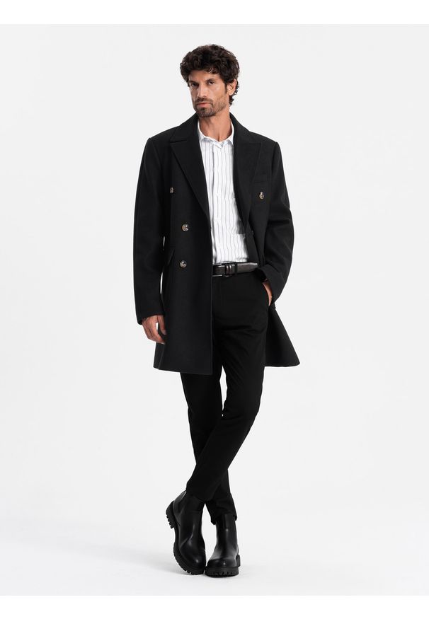 Ombre Clothing - Męski dwurzędowy płaszcz z ozdobnymi guzikami – czarny V2 - Rozmiar: S. Typ kołnierza: kołnierz rewers. Kolor: czarny. Materiał: poliester, materiał. Długość: długie. Styl: elegancki, klasyczny, wizytowy