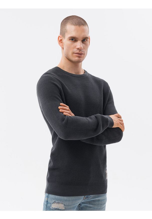 Ombre Clothing - Sweter męski E185 - grafitowy - XXL. Kolor: szary. Materiał: bawełna, akryl