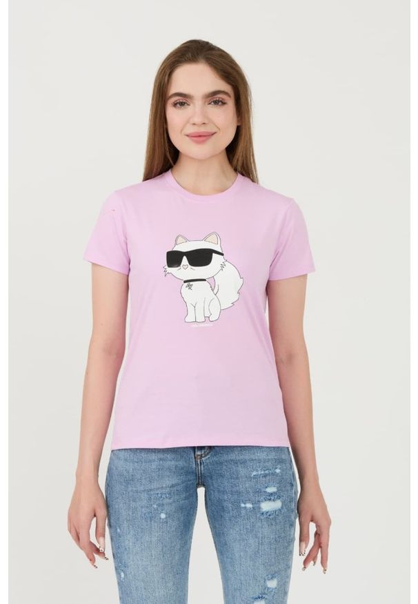 Karl Lagerfeld - KARL LAGERFELD Lawendowy damski t-shirt Ikonik 2.0 Choupette, Rozmiar XS. Kolor: fioletowy