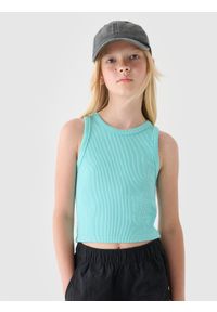 4f - 4F Crop top z prążkowanej dzianiny dziewczęcy - turkusowy 164 (13-14 lat). Okazja: na co dzień. Kolor: turkusowy. Materiał: dzianina, prążkowany. Długość rękawa: na ramiączkach. Sezon: lato. Styl: sportowy, casual