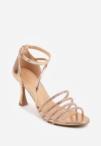 Renee - Szampańskie Eleganckie Sandały VICES na Klepsydrowym Obcasie z Ozdobnymi Cyrkoniami Solenne. Zapięcie: pasek. Kolor: złoty. Materiał: satyna. Obcas: na obcasie. Styl: elegancki. Wysokość obcasa: średni #7