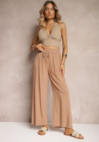 Renee - Beżowe Bawełniane Spodnie Kuloty High Waist z Gumką w Pasie Vimarielle. Okazja: na spotkanie biznesowe, do pracy. Stan: podwyższony. Kolor: beżowy. Materiał: bawełna. Styl: biznesowy, elegancki
