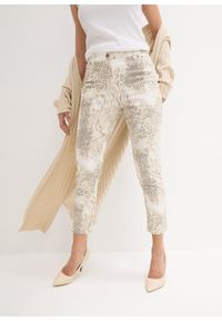 bonprix - Spodnie 7/8 z nadrukiem, z domieszką stretchu. Kolor: beżowy. Wzór: nadruk. Styl: elegancki #1
