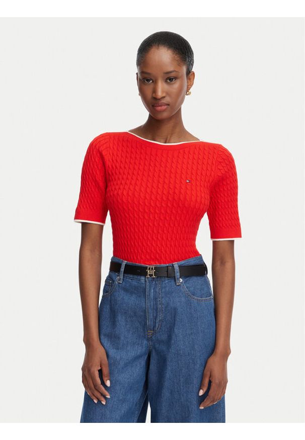 TOMMY HILFIGER - Tommy Hilfiger Sweter Fine Gg Cable Boat WW0WW50103 Czerwony Regular Fit. Kolor: czerwony. Materiał: bawełna