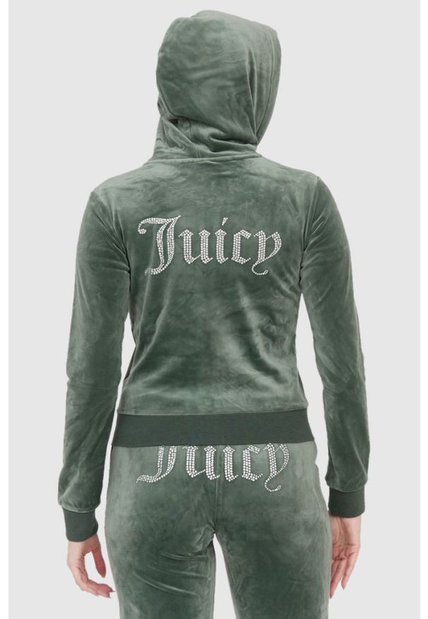 Juicy Couture - JUICY COUTURE Welurowa zielona bluza diamante hoodie. Kolor: zielony. Materiał: welur