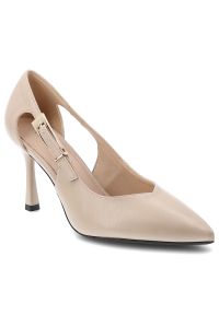 Czółenka damskie Vinceza, cholewka ze skóry ekologicznej o gładkim wykończeniu elegancki fason z wycięciem po boku, beżowe, 62288. Okazja: na spotkanie biznesowe. Zapięcie: pasek. Kolor: beżowy. Szerokość cholewki: normalna. Wzór: gładki. Materiał: skóra ekologiczna. Obcas: na obcasie. Styl: elegancki. Wysokość obcasa: średni #1