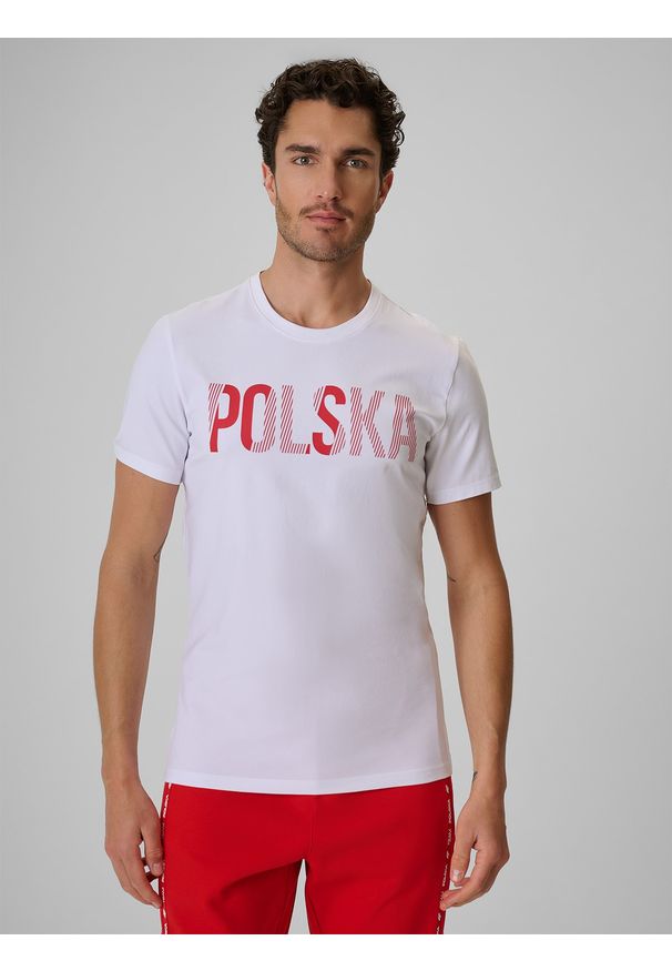 4f - 4F Koszulka kibica męska - biała L. Okazja: na co dzień. Kolor: biały. Materiał: materiał, bawełna, dzianina. Wzór: nadruk. Styl: casual