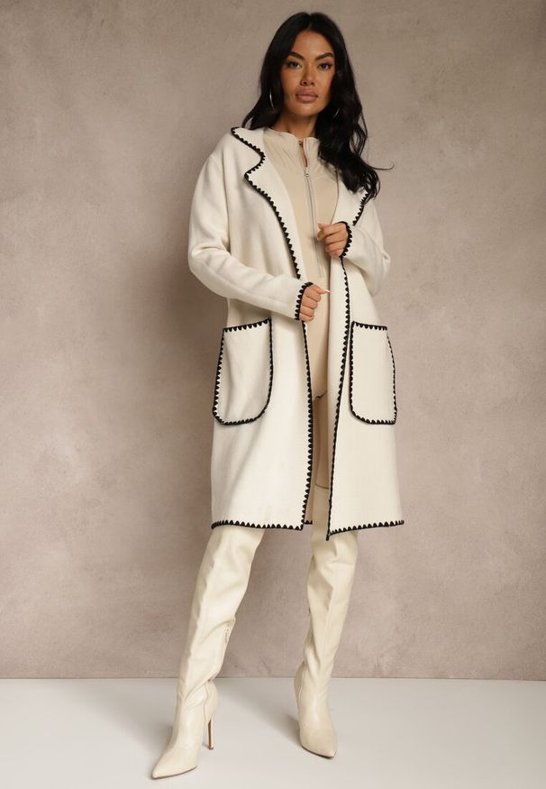 Renee - Beżowy Kardigan z Haftowaną Lamówką Tuscele. Okazja: na co dzień. Kolor: beżowy. Materiał: jeans. Wzór: haft. Styl: casual, elegancki