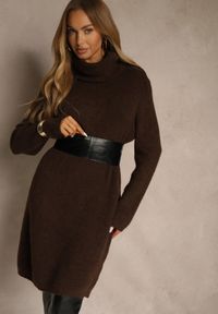Renee - Brązowa Sweterkowa Sukienka Golf z Wełną i Wiskozą Fedorina. Okazja: na co dzień. Typ kołnierza: golf. Kolor: brązowy. Materiał: wiskoza, wełna. Typ sukienki: oversize. Styl: casual. Długość: midi #1