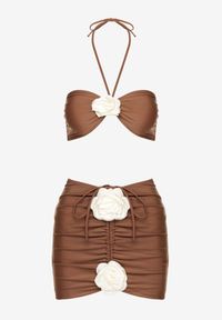 Renee - Brązowe Bikini ze Spódniczką Ozdobione Kwiatową Aplikacją 3D Coren. Kolor: brązowy. Wzór: aplikacja, kwiaty #5