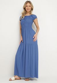 Born2be - Niebieska Wiskozowa Sukienka Hiszpanka z Marszczoną Górą Jenanira. Okazja: na co dzień. Typ kołnierza: dekolt hiszpanka. Kolor: niebieski. Materiał: wiskoza. Styl: casual, klasyczny #6