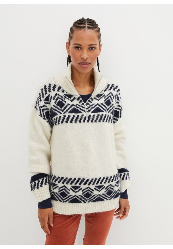 bonprix - Sweter w norweski wzór, z domieszką wełny. Kolor: beżowy. Materiał: wełna
