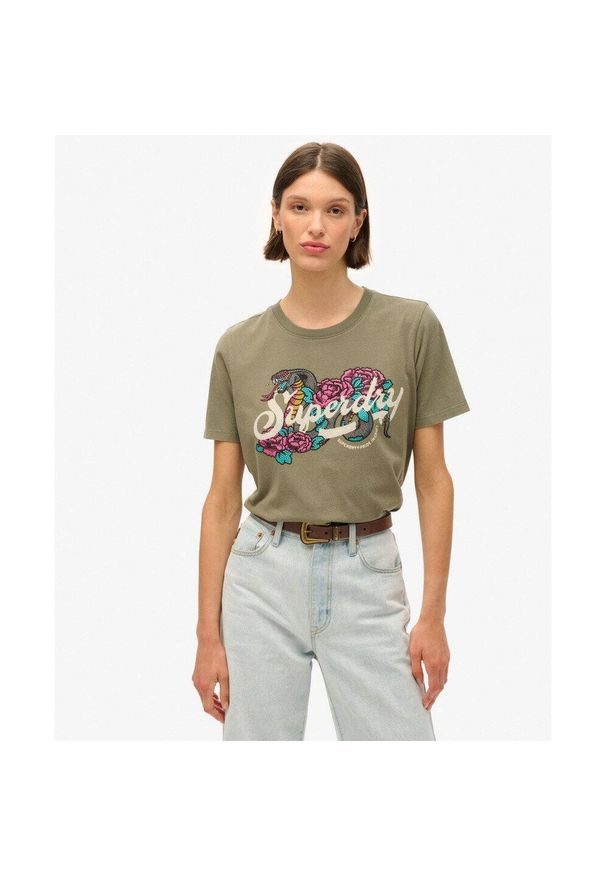 Damska koszulka na co dzień Superdry Tattoo Script. Kolor: zielony