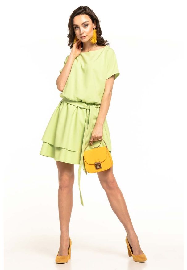 Tessita - Jasnozielona Kobieca Sukienka z Podwójną Spódnicą. Kolor: zielony. Materiał: poliester, elastan
