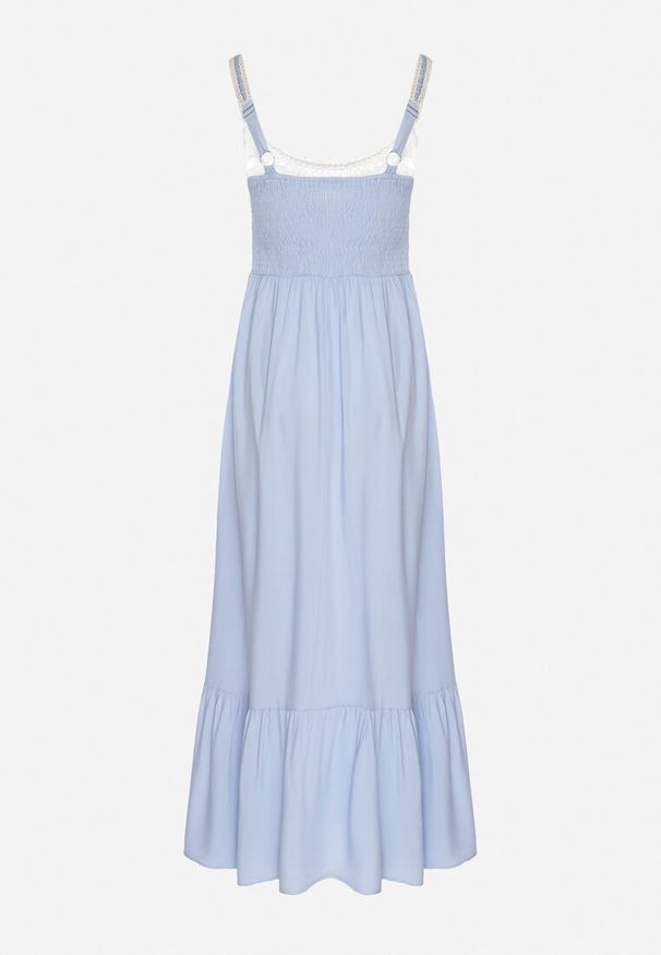 Born2be - Niebieska Sukienka Rozkloszowana na Ramiączkach z Wiskozy Ozdobiona Haftami Efradea. Okazja: na co dzień. Kolor: niebieski. Materiał: wiskoza. Długość rękawa: na ramiączkach. Wzór: aplikacja, haft. Styl: casual, klasyczny