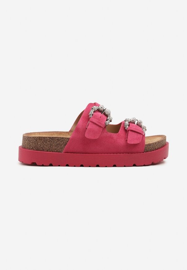 Born2be - Fuksjowe Klapki na Grubej Korkowej Podeszwie z Cyrkoniami Sellio. Okazja: na co dzień. Kolor: różowy. Wzór: aplikacja. Sezon: lato. Styl: casual, elegancki