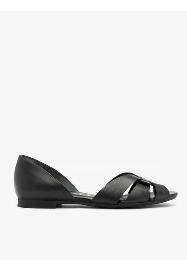 Ryłko - Czarne sandały damskie płaskie. Kolor: czarny. Materiał: skóra. Styl: street, elegancki