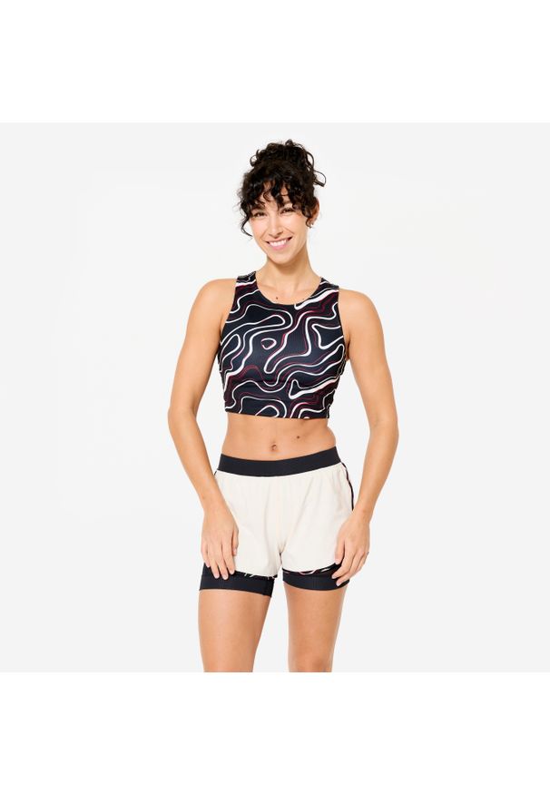 DOMYOS - Koszulka fitness damska Domyos bez rękawów crop top. Kolor: czarny. Materiał: poliester, elastan, materiał. Długość rękawa: bez rękawów. Sport: fitness