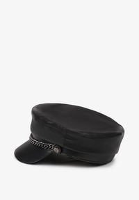 Born2be - Czarna Czapka Beret z Daszkiem z Ekoskóry z Metalowym Łańcuszkiem Crivite. Kolor: czarny. Wzór: aplikacja
