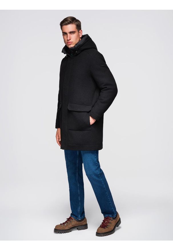 Ombre Clothing - Płaszcz męski parka z wełną i kapturem - czarny V1. Typ kołnierza: kaptur. Kolor: czarny. Materiał: wełna. Wzór: ze splotem. Styl: elegancki