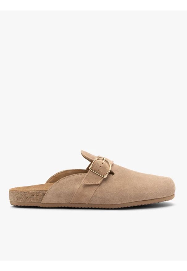 Ryłko - Piaskowe mule damskie. Kolor: beżowy. Materiał: skóra, welur. Styl: street