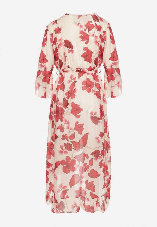 Born2be - Czerwona Bawełniana Sukienka Kopertowa o Asymetrycznym Kroju z Wiązanym Paskiem Niteira. Okazja: na randkę, na co dzień. Typ kołnierza: dekolt w kształcie V. Kolor: czerwony. Materiał: bawełna. Typ sukienki: asymetryczne, kopertowe. Styl: casual