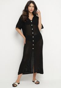 Born2be - Czarna Siateczkowa Sukienka Koszulowa z Bawełną Folaris. Okazja: na co dzień. Kolor: czarny. Materiał: bawełna. Sezon: lato. Typ sukienki: koszulowe. Styl: elegancki, casual #1