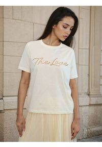 Sinsay - Bawełniana koszulka z ażurowym napisem - żółty. Kolor: żółty. Materiał: bawełna. Wzór: ażurowy, napisy #1