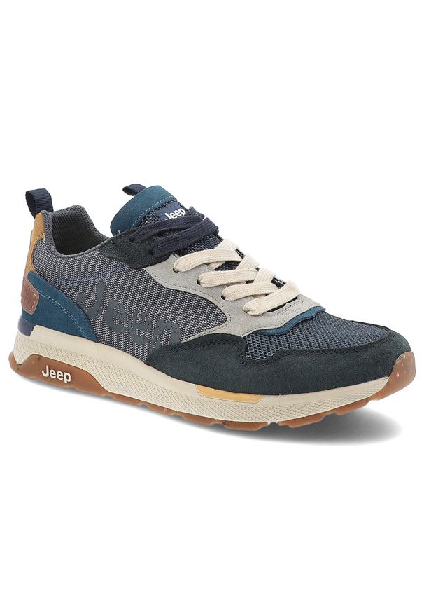 Niebieskie Sneakersy Jeep Sportowe Obuwie Męskie. Okazja: na co dzień, na spacer. Kolor: niebieski. Materiał: zamsz, materiał. Szerokość cholewki: normalna. Sport: turystyka piesza