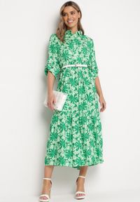 Born2be - Zielona Sukienka Maxi w Kwiatowy Wzór z Koszulową Górą Lithaia. Kolor: zielony. Długość rękawa: długi rękaw. Wzór: kwiaty. Sezon: wiosna, lato. Typ sukienki: koszulowe. Długość: maxi #7