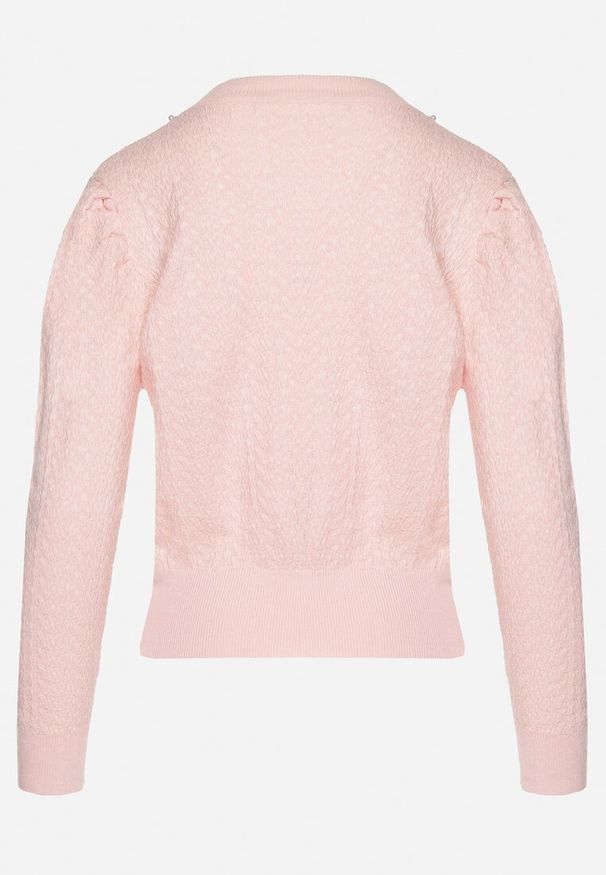 Born2be - Różowy Sweter Ozdobiony Perłami ze Ściągaczem Miannae. Okazja: na co dzień, na imprezę. Kolor: różowy. Materiał: jeans. Wzór: aplikacja. Styl: elegancki, casual