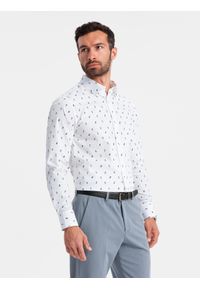 Ombre Clothing - Męska koszula bawełniana we wzory SLIM FIT - biała V2 - Rozmiar: M. Kolor: biały. Materiał: bawełna. Styl: klasyczny