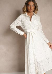 Renee - Biała Ażurowa Sukienka z Bawełny Ozdobiona Paskiem Novenelle. Kolor: biały. Materiał: bawełna. Wzór: aplikacja, ażurowy. Sezon: wiosna #2