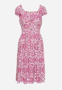 Born2be - Różowa Sukienka z Bawełny w Ornamentalny Wzór z Gumką w Pasie Natirissa. Okazja: na co dzień. Kolor: różowy. Materiał: bawełna. Długość rękawa: krótki rękaw. Sezon: lato. Typ sukienki: proste. Styl: elegancki, casual #4