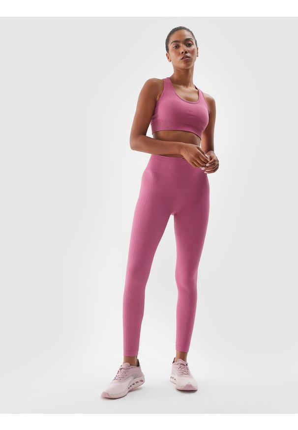 4f - 4F Legginsy treningowe bezszwowe z wysokim stanem damskie - różowe M/L. Stan: podwyższony. Kolor: różowy. Materiał: dzianina, włókno, syntetyk, materiał, elastan. Wzór: jednolity. Sport: fitness