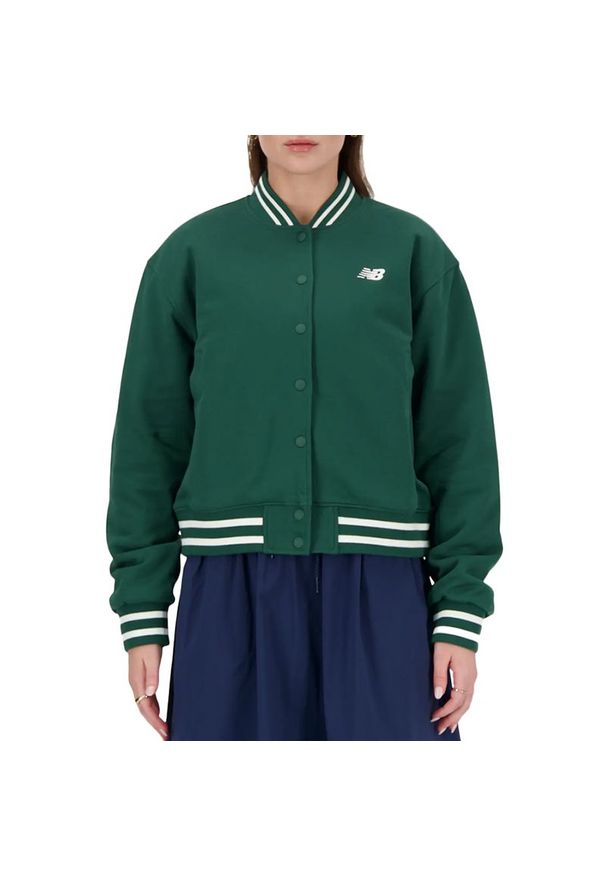 Kurtka New Balance WJ41509NWG - zielona. Kolor: zielony. Materiał: bawełna, dzianina. Wzór: napisy. Styl: sportowy