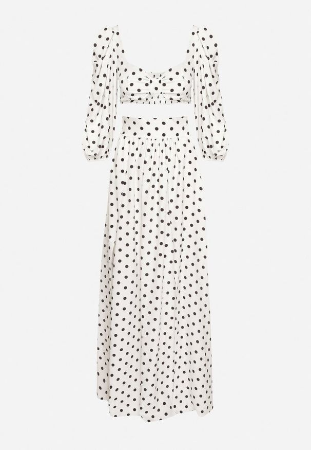 Born2be - Biały Komplet 2-Częściowy Top z Gumką i Szerokimi Rękawami Spódnica z Gumką w Talii Vandrea. Kolor: biały