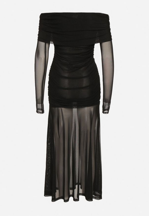 Born2be - Czarna Taliowana Sukienka Typu Hiszpanka z Transparentnymi Wstawkami Halacia. Typ kołnierza: dekolt hiszpanka. Kolor: czarny. Styl: elegancki