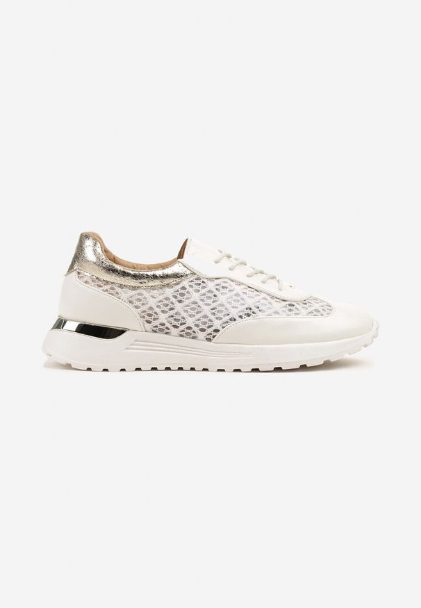 Born2be - Białe Ażurowe Sneakersy Ozdobione Metalicznymi Wstawkami Sdivane. Okazja: na co dzień. Kolor: biały. Materiał: jeans. Wzór: aplikacja, ażurowy. Obcas: na płaskiej podeszwie