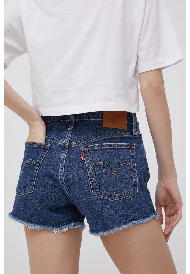 Levi's® - Levi's szorty jeansowe damskie kolor granatowy gładkie high waist. Okazja: na spotkanie biznesowe. Stan: podwyższony. Kolor: niebieski. Materiał: jeans. Wzór: gładki. Styl: biznesowy