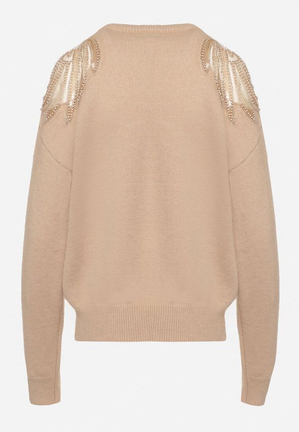 Born2be - Ciemnobeżowy Sweter z Siateczkowymi Wstawkami z Cekinami Perełkami i Koralikami Evoriana. Okazja: na co dzień. Kolor: beżowy. Materiał: jeans. Styl: glamour, elegancki, casual