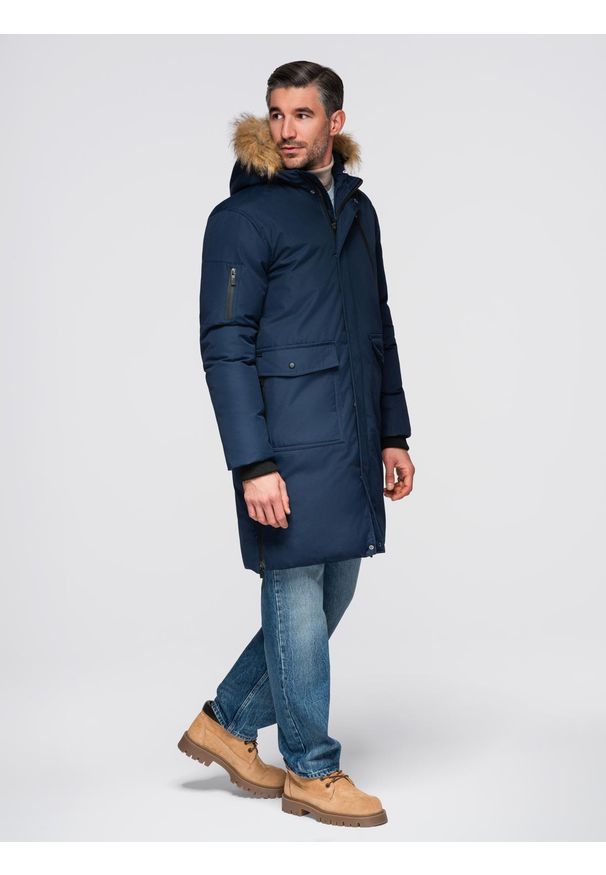 Ombre Clothing - Ocieplana kurtka męska alaska z kieszeniami i rozpinanym dołem – granatowa V1 - Rozmiar: S. Typ kołnierza: kaptur. Kolor: niebieski. Materiał: syntetyk, materiał. Długość: długie. Wzór: moro. Styl: militarny