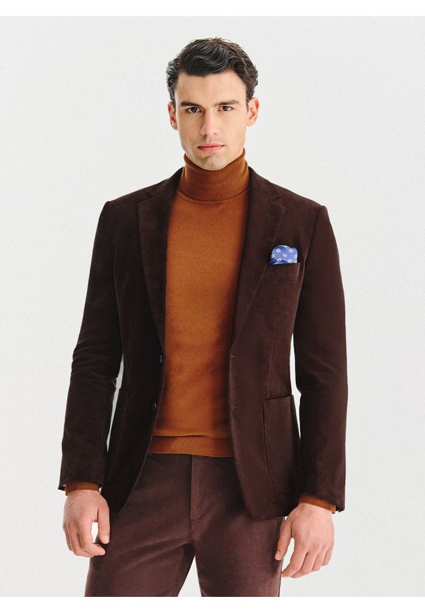 Pako Lorente - PAKO LORENTE - Brązowa sztruksowa marynarka męska. Okazja: na co dzień. Kolor: niebieski, brązowy. Materiał: sztruks. Styl: casual